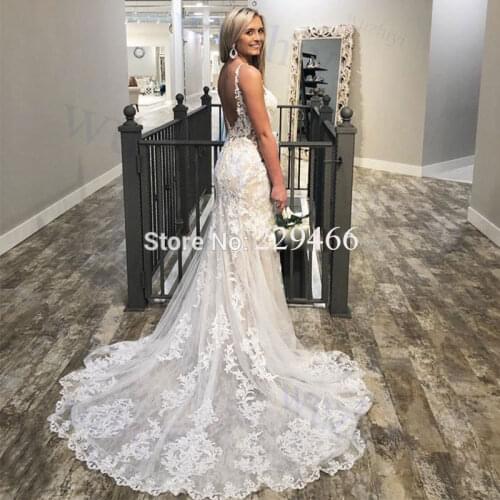 Lace wedding dress trumpet vestido de noiva appliques scoop deep CUT neck robe de mariee sleeves factory direct quality dress
