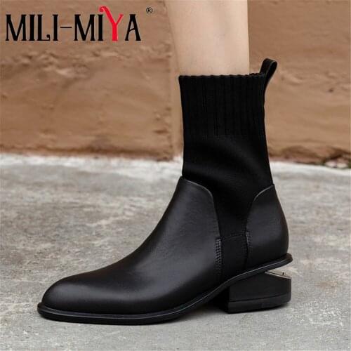 MILI-MIYA Brand Design Women Cow Leather Ankle Boots Slip-On Stretch Kitting Round Toe Square Heels Plus Size 34-43 For Ladies