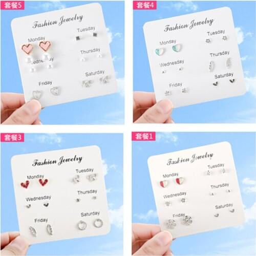 Fashion Stud Earrings Set For Women Statement Heart Star Snowflake Flower Crystal One Week Minimalist Set of Earrings Jewelry