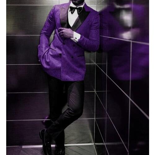 Double Breasted Groomsmen Purple Pattern and Black Groom Tuxedos Peak Lapel Men Suits ( Jacket+Pants+Vest+Bow Tie ) D307