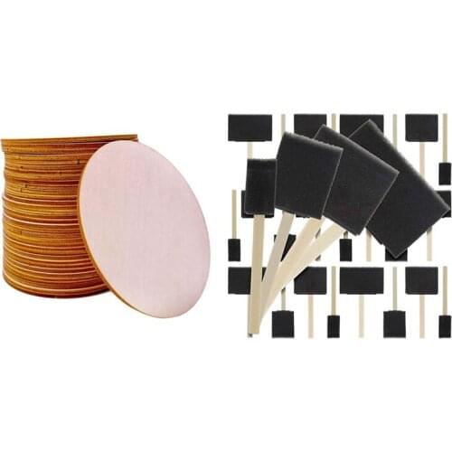 30x Unfinished Wood Pieces Wooden Cutouts Ornament 4 Inch & 20 Pcs Foam Sponge Wooden Handle Paint Brush Set-Lightweight