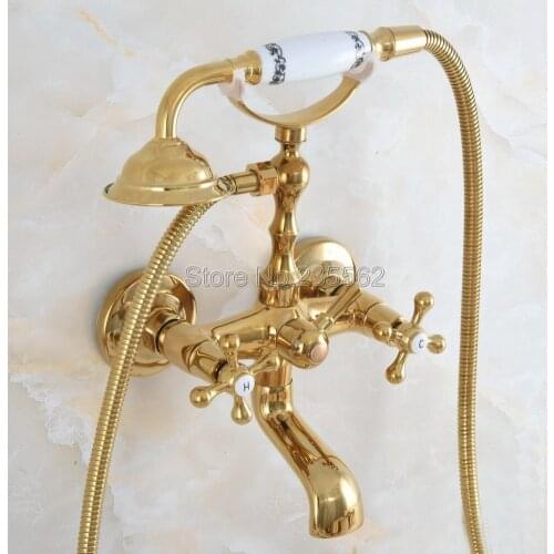 Wall Mounted Bathtub Faucet Gold Color Brass Tub Sink Faucet Telephone Style Bathroom Bath Shower Set with Handshower lna851