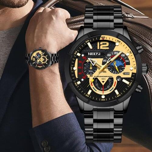 NIBOSI New Sport Black Gold Mens Watch Waterproof Chronograph Luminous Quartz Wristwatch Casual Watch for Men Relogio Masculino