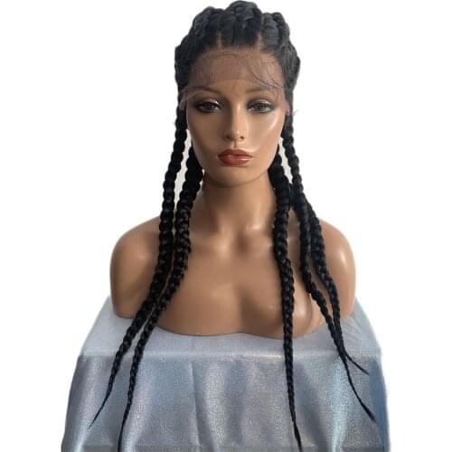 Black Braid Wig with Baby Hair Lace Front Synthetic Wigs with 24 Inches Heat Resistant Fiber 5 Braided Daily Wear Wigs for Women