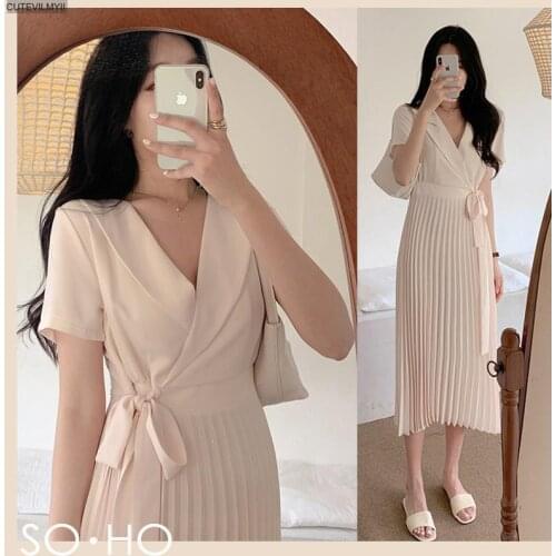 2020 Summer Ladies Pleated Dress Elegant Lace-up V-neck Women Midi Dress Short Sleeve Slim Waist Solid Vestidos Femme