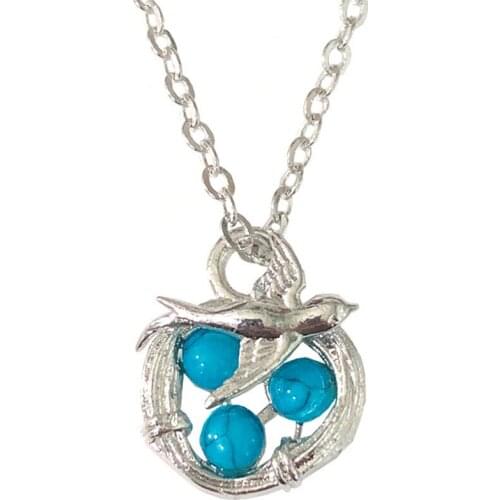 FYSL Silver Plated Bird with Blue Turquoises Stone Beads Pendant Link Chain Necklace Trendy Jewelry