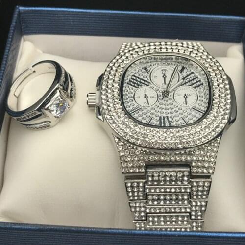 Luxury Men Watch Hip Hop Men Necklace Men Watch & Ring Combo Set Ice Out Cuban Watch Jewerly Set Hip Hop For Men