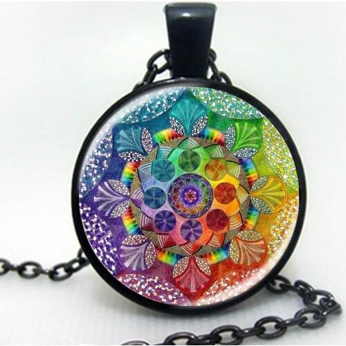 Handmade henna yaga necklace om symbol buddhism Mandala Necklace Pendant Art Jewelry Glass Photo Necklace