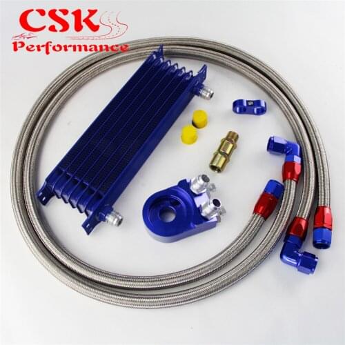 Universal 7 Row 262mm AN10 Engine Transmission Oil Cooler Trust Type + Aluminum Filter Adapter Kit Silver/Blue/Black
