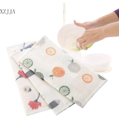 XZJJA Kitchen Thicken Wood Fiber Cleaning Cloth Printing Absorbent Dishcloth Dish Towel Home Strong Decontamination Scouring Pad