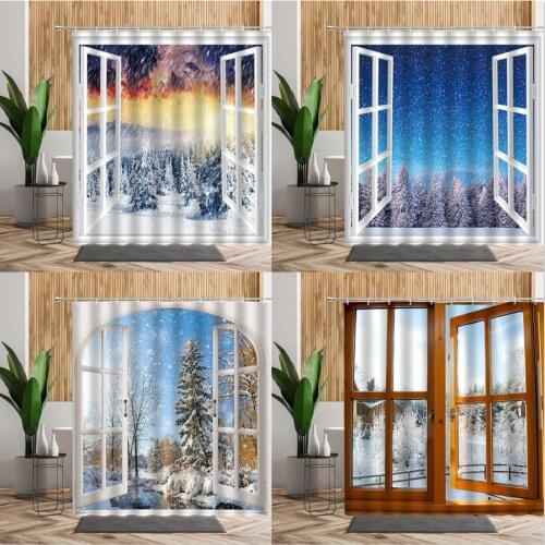Winter Swon Scenery Shower Curtain Pine Forest Bathroom Decor 3D Modern Backdrop Cloth Opening Window Natural Landscape Curtains