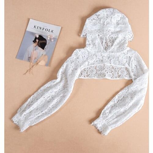 Plus Size Lace Embroidery Puff Long Sleeve Lapel Half Top Blouse Women Hollow Out Floral Lace Detachable False Fake Collar