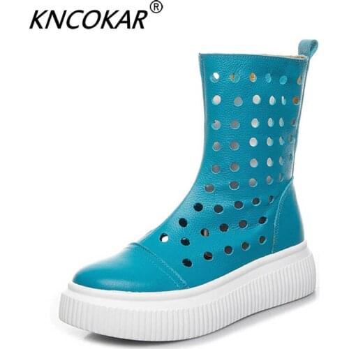 2019 summer leather high tube punching hole Martin sandals hollow breathable thick bottom platform shoes female z0066