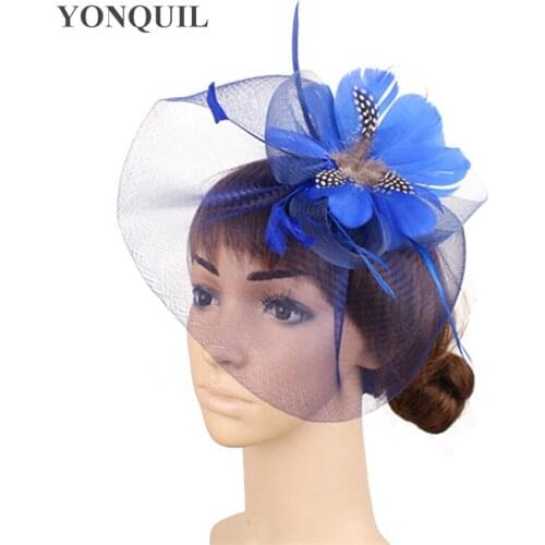 Women Fashion Elegant Derby Fascinator Hats With Fancy Feather Flower Headwear Hair Clip Mesh Hair Accessories Show Headdress