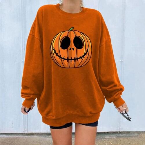 Women Sweatshirts Autumn Casual Vintage Pumpkin Print Halloween Round Collar Harajuku Oversized Hooded Pullover Tops