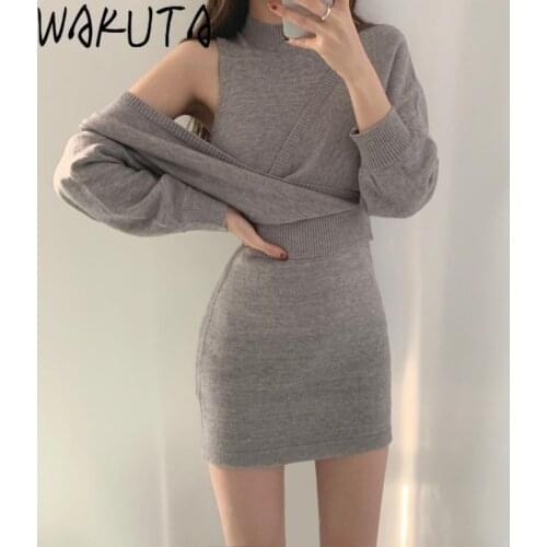 WAKUTA Elegant Knit 2 Piece Set Women Sexy Off Shoulder Slim Waist Sweater and Strap Mini Bodycon Dress Korean Fashion Outfits