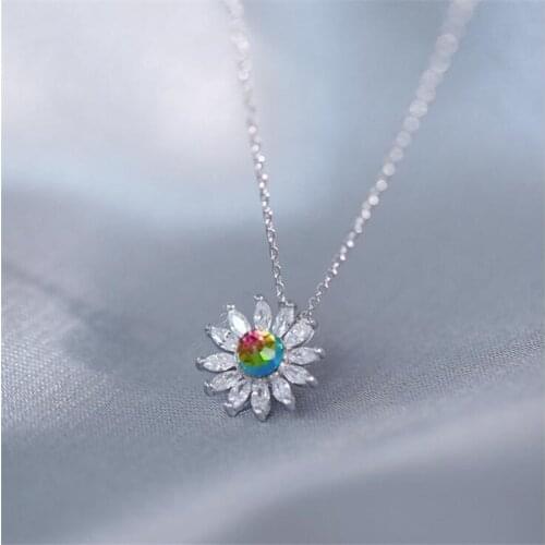 Sunflower Daisy Gradient Crystal Temperament Flowers Jewelry 925 Sterling Silver Adjustable Clavicle Chain Necklace Female SN102