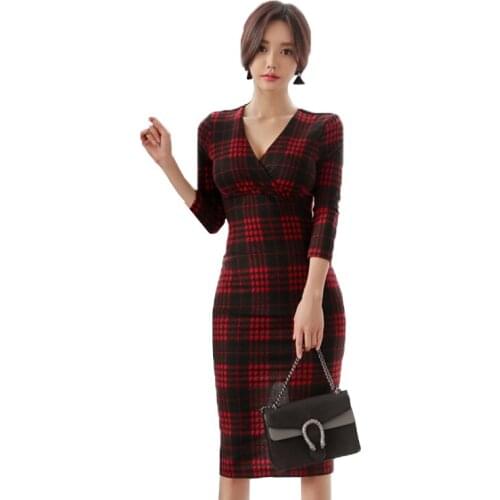 Spring and Autumn New Korean OL temperament V-neck long section lattice split Sham Slim hip seven-sleeve dress