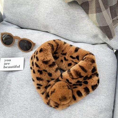 Winter Scarf Rabbit-Fur-Collar Cross Leopard-Print Colorful Thickening Women Scarf