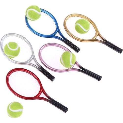 2Pcs 1:6 /1:12 Miniature Children Garden Mini Tennis Racket & Ball Gift Doll House Dollhouse Accessory