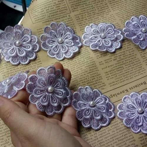 1 Yard Puple 5CM Pearl Flower DIY Soluble Wedding Lace Trim Knitting Embroidered Handmade Patchwork Ribbon Sewing Supplies Craft