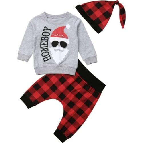 2020 New Year Christmas Infant Baby Girl Boy Clothes Santa T-shirt Tops+Plaids Pants +Hat 3pcs Outfit