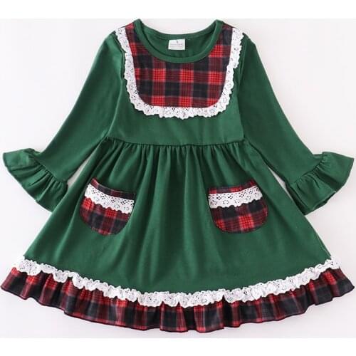 Girlymax Christmas Baby Girls Kids Clothing Milk Silk Cotton Plaid Green Pocket Ruffles Dress Knee Length Long Sleeve