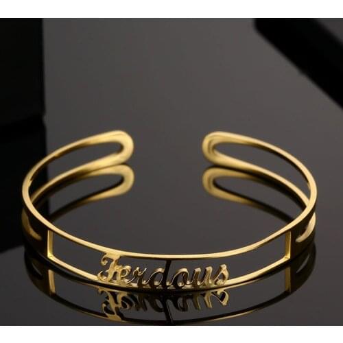 Customized Personalize Name Bracelet Bangles for Women Girl Stainless Steel Custom Gold Adjustable Cuff Bangle Nameplate Jewelry