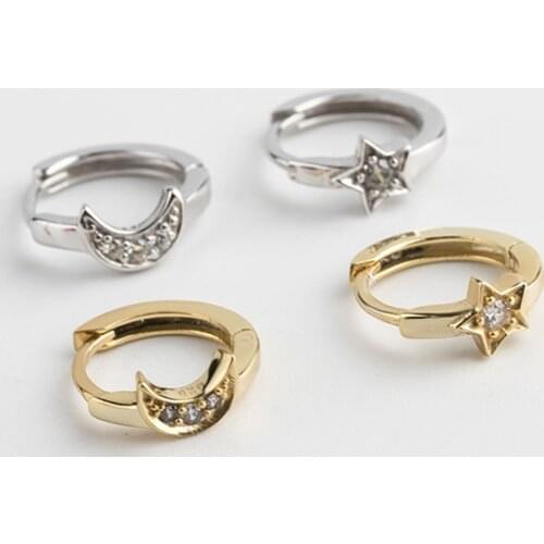 WTLTC Dainty Cubic Zirconia Star Moon Hoop Earrings 925 Sterling Sliver Asymmetric Earrings Small Tiny Ear Piercing Earrings