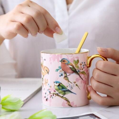 Creative Oil Painting Flower Bird Mugs Pink Blue Ceramic Coffee Cup Milk Water Drinking Tea Party Home Drinkware Decor Gifts
