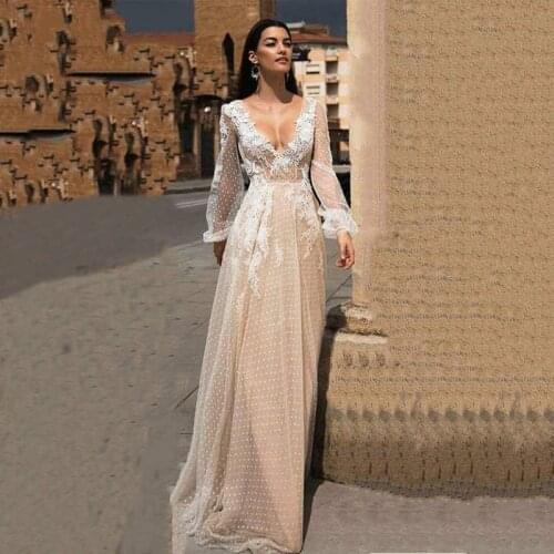 Lace Boho Wedding Dress Sexy Backless Floral Puff Sleeves Tulle Vintage champagne Wedding Gown Custom Made Bridal Dress