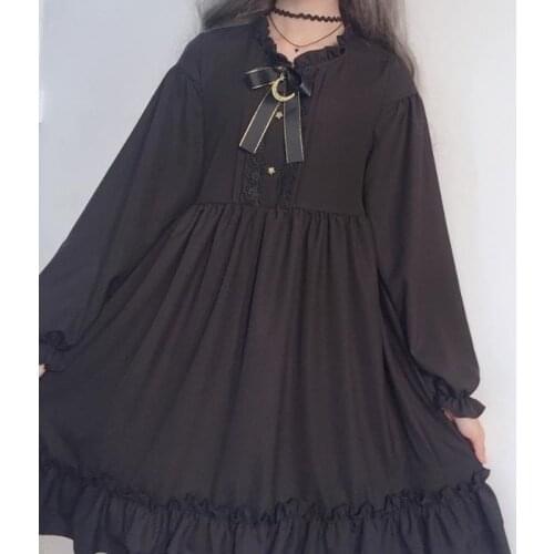 Cute Women Lolita OP Dress Flouncing Lace Trim Japanese Harajuku Long Sleeve Doll Teen Dresses Fairy Vestidos Black Dress Fernan