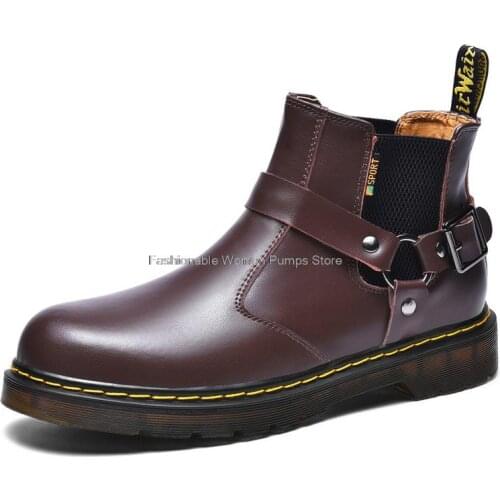 Martin Boots Mens Slpit Leather Fashion Buckle Rubber Chelsea Boots High Top Men Short Boots Autumn British Shoes For Men 38-46