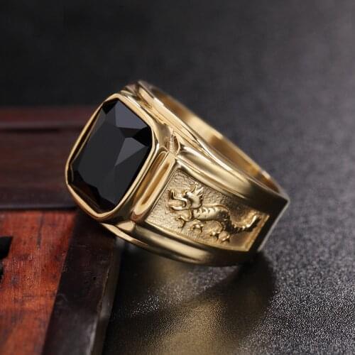 Creative Design Square Black Red Stone Mens Ring Punk Retro Double Gold Double Dragon Stainless Steel Ring Jewelry Gift