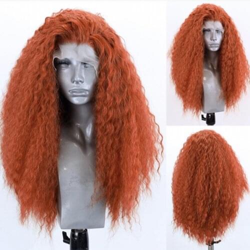 RONGDUOYI Orange Fiber Hair Synthetic Lace Front Wig Long Kinky Curly Lace Wigs for Women Side Part Half Hand Made Cosplay Wig