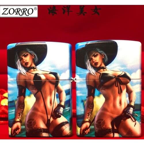 ZORRO Sexy bikini marine girl Kerosene gasoline petroleum oil cigarette lighter Classical hinge cigar pipe igniter men gift
