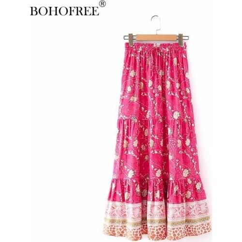 Drop Shipping Bohemian Cotton Retro Casual Loose Beach Skirt Woman Falda Contrast Stitching Floral Lace-up Skirts