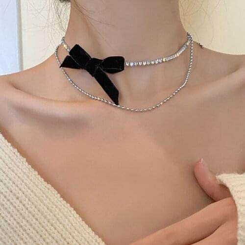 Luxury Bling Bling Rhinestones Bowknot Necklace For Women Girl Black Velvet Tie Bow Chokers Necklaces Elegant Accessories