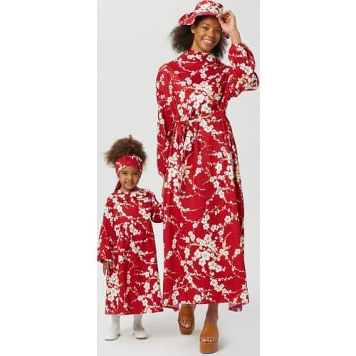 Family Clothes Mother-Baby Girls Dress 2021 Summer Fashion Muslim Red Brown Lilac Gray Tile Color Yellow Compatible