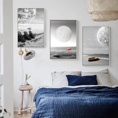 Scandinavian Black White Print Home Decor Nordic Canvas Painting Wall Art Poster Moon Landscape Minimalist Picture for Bedroom
