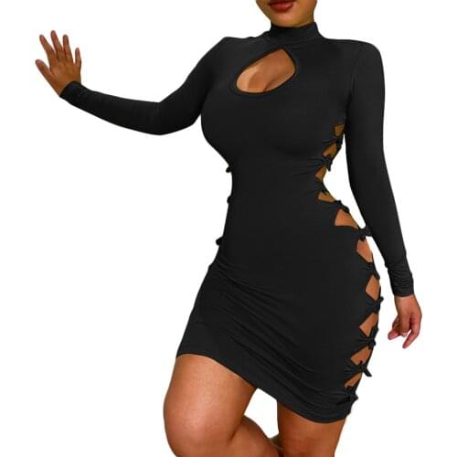 Sexy Hollow Out Bodycon Mini Dress 2021 Fashion Women Long Sleeve Stand Collar Solid Skinny Dress Nightclub Evening Party Dress