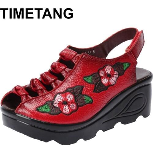 TIMETANG Genuine Leather Sandals for Women 2020 New Retro Casual Summer Platform Sandals Women Wedges High Heel Shoes