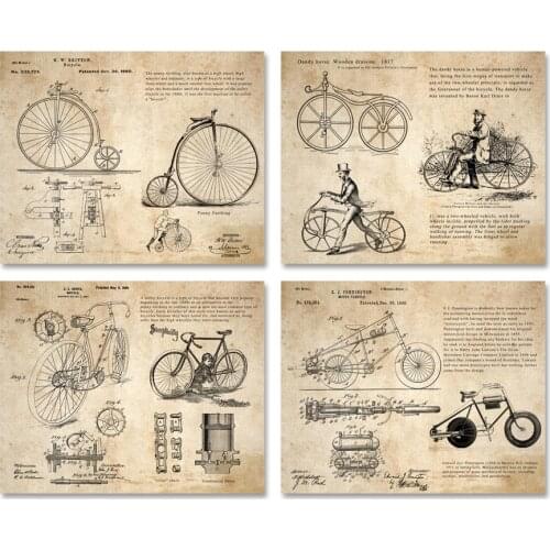 Vintage patent art prints on bicycle developement wall decor prints 4 in 1 unframed
