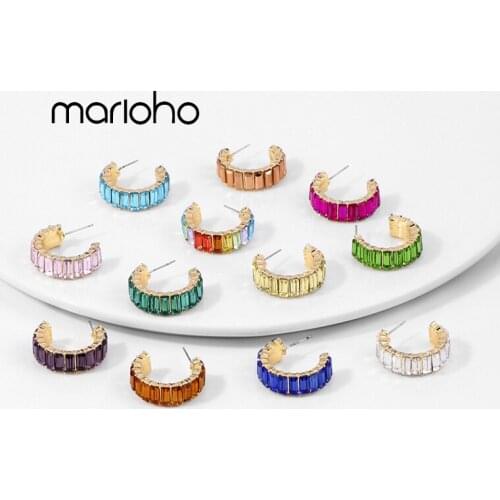 Women’s Fashion Simple Multicolor Shiny Glass Rhinestones C-Shaped Earrings Metal Round Opening Earrings Statement Jewelry Party