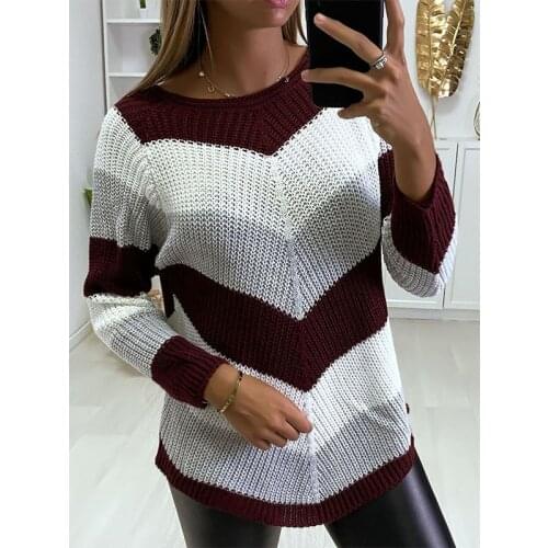 Round Neck Knitted Pullover Acrylic Long-Sleeved Loose Large Size Casual Womens Fashion Street Color-Blocking Sweater 2021 New
