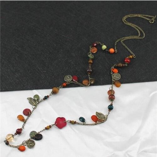 Leaf flower coin bead strand long sweater necklace for women vintage multicolor boho style women fashion jewelry 2021