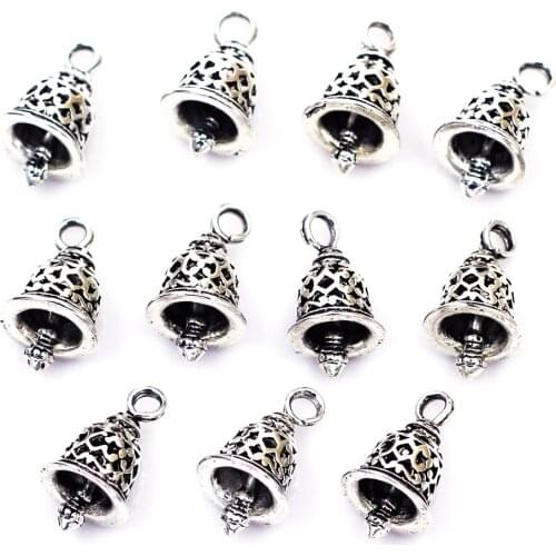 10Pcs Pendant Christmas Bell Hollow Antique Silver Tone For Charms Necklaces Zinc Metal Jewelry DIY Findings 19x12mm(6/8"x4/8")