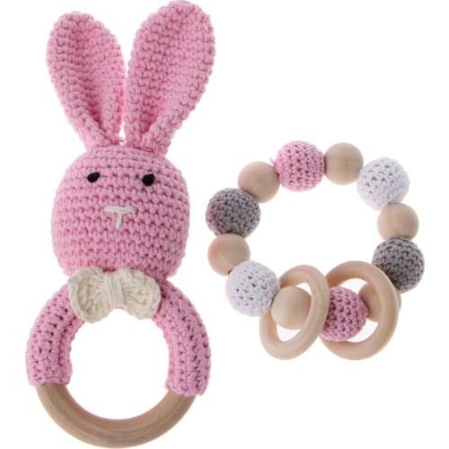 2Pcs/Set Baby Wooden Teether Bracelet Crochet Chewing Toy Bunny Teething Ring