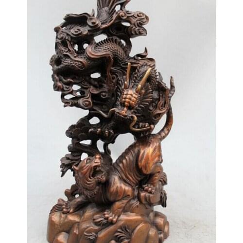 818++++++15"FengShui Chinese Folk Bronze Year Zodiac Dragon Tiger Fight Toradora Statue