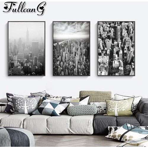 FULLCANG 5d diy diamond embroidery black and white city landscape painting triptych full square round drill wall decor FC3620